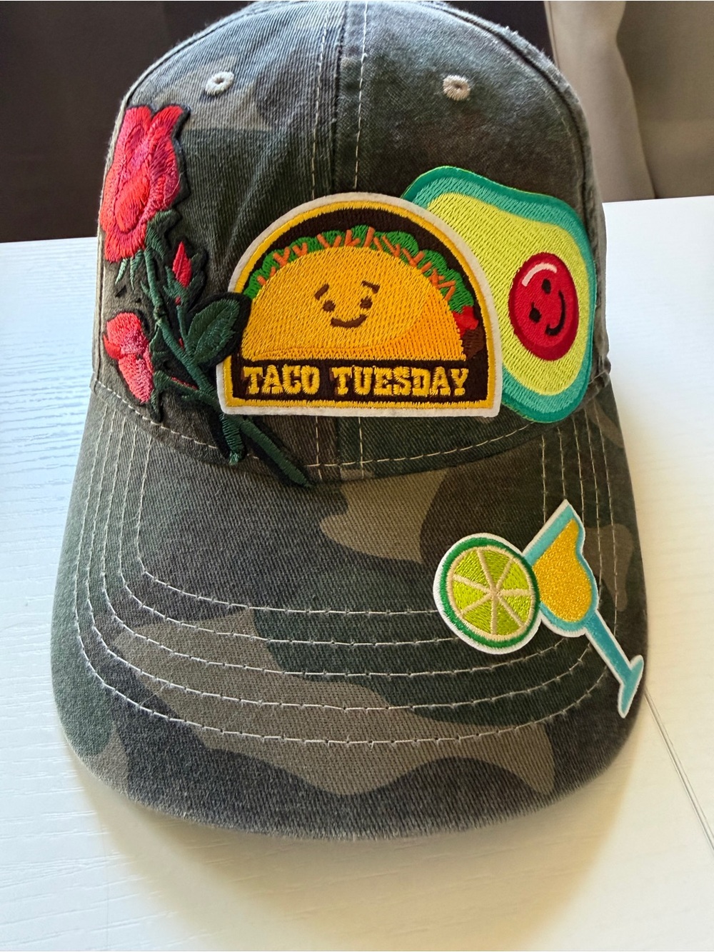 Taco Tuesday Patch Camo Baseball Cap Olive Green with Bright Patches OS